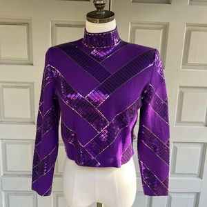 St. John Knit Purple Marie Gray Sequined Royal Purple Knit Sweater Top